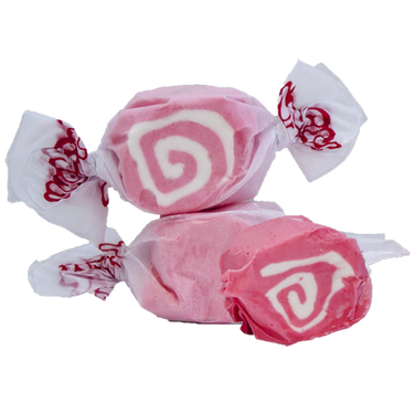 Taffy Town Cinnamon Swirls taffy candy in pink and white spirals—whipped salt water taffy with a bold cinnamon kick and soft, chewy texture.